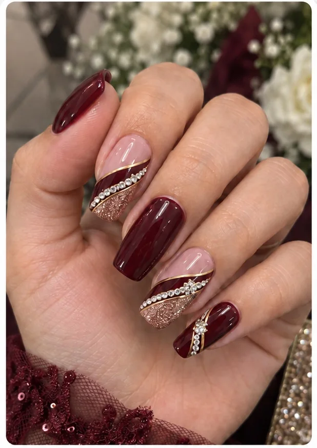 Burgundy and rose-gold wedding nails
