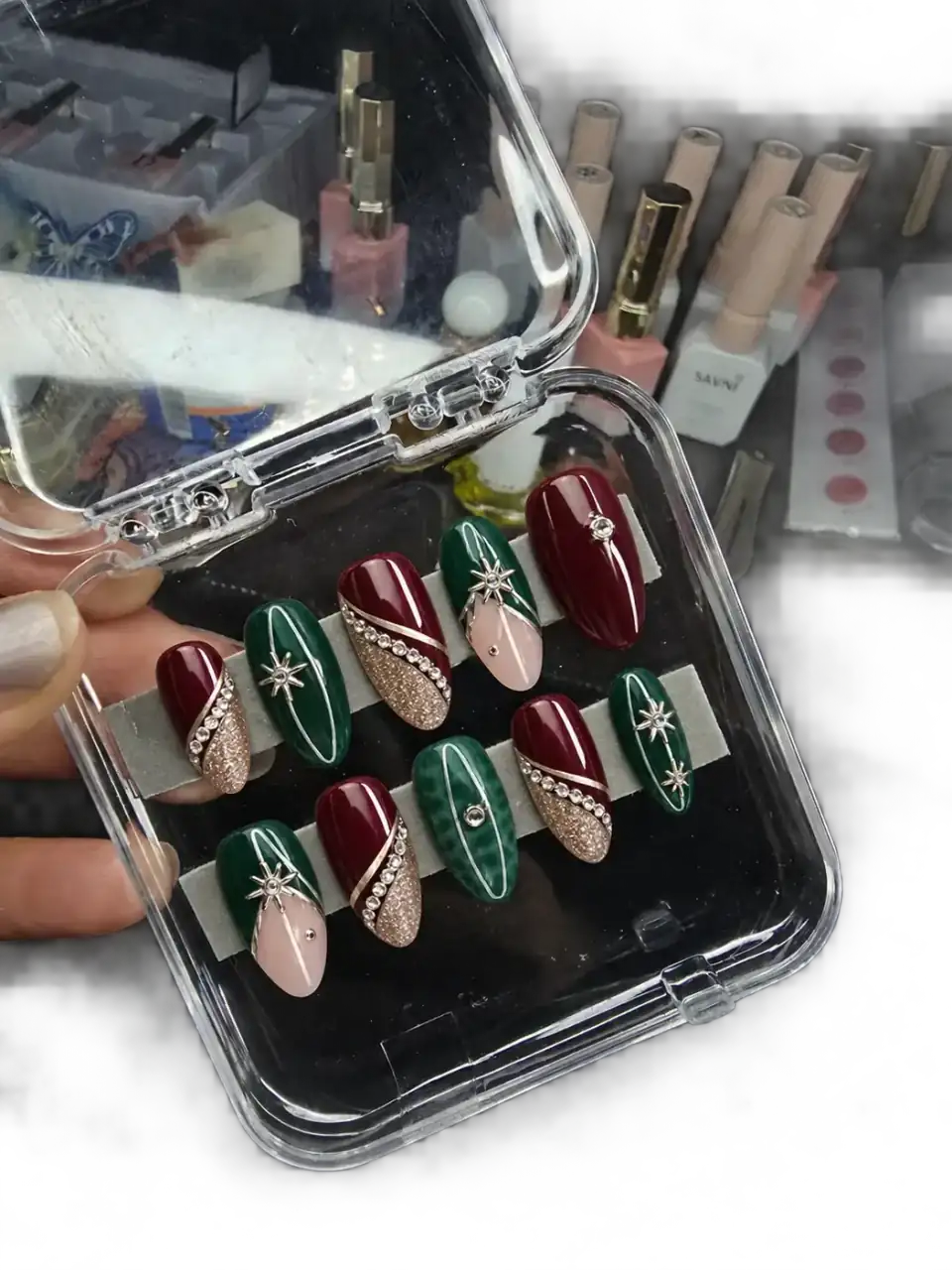 Green and blush custom press-on nail sets
