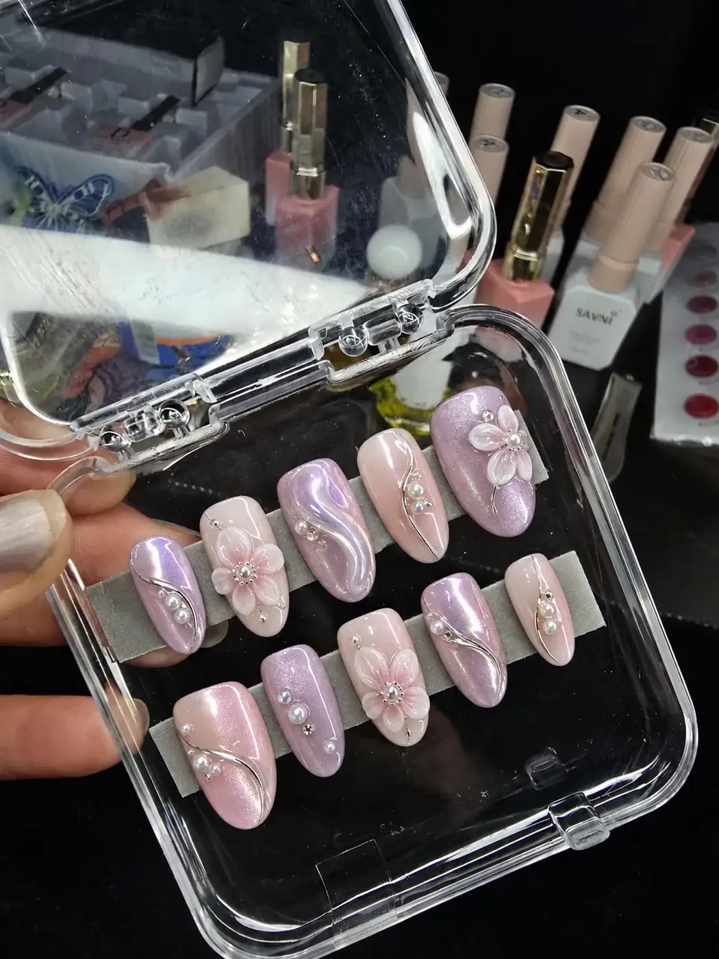 Lavender pearl press-on nails with flower details